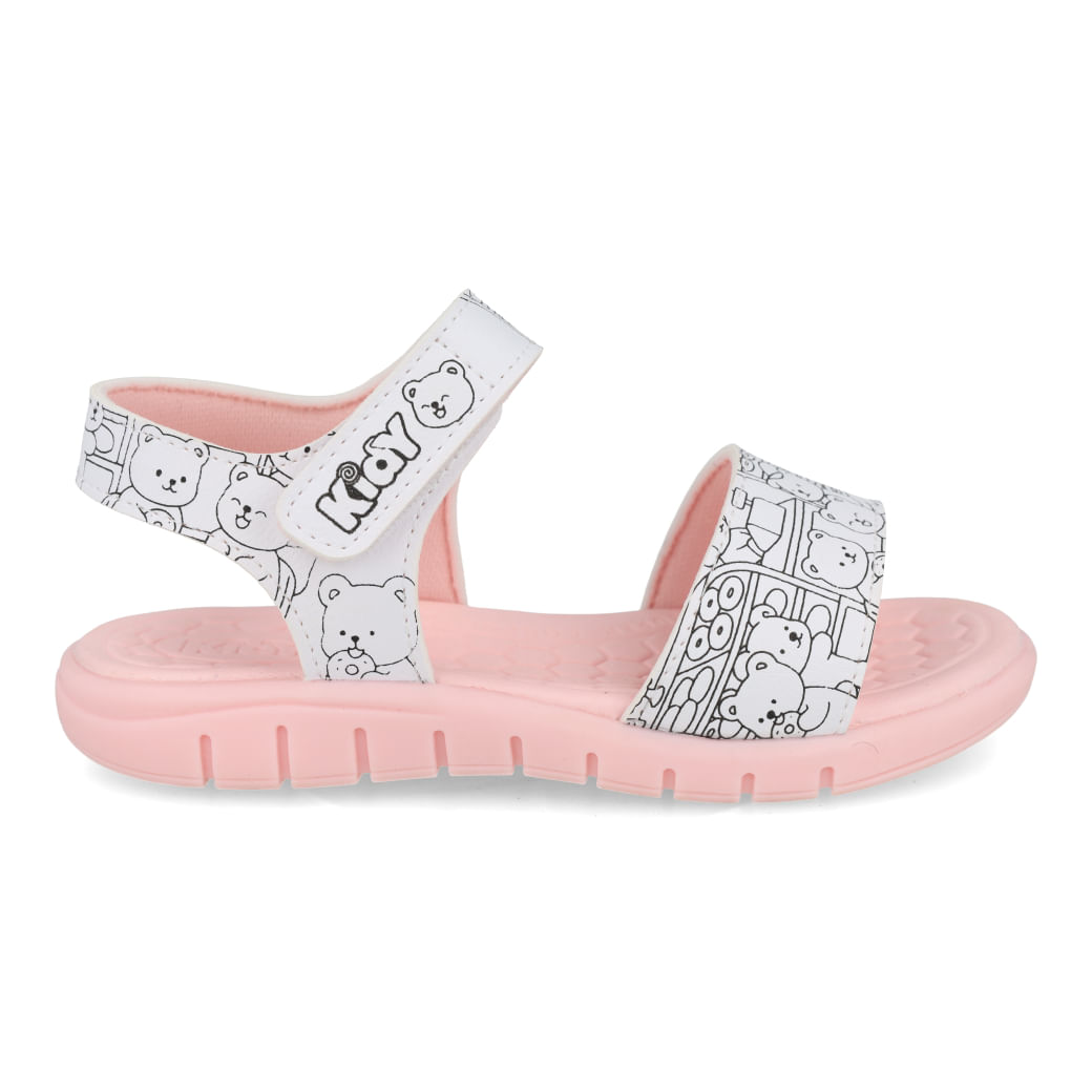 Sandália papete infantil Kidy branca e rosa vista lateral com detalhes do fechamento em velcro